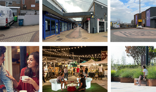 A collage of images showing the existing Oakengates pedestrianised zone as well of images of night time economy activities