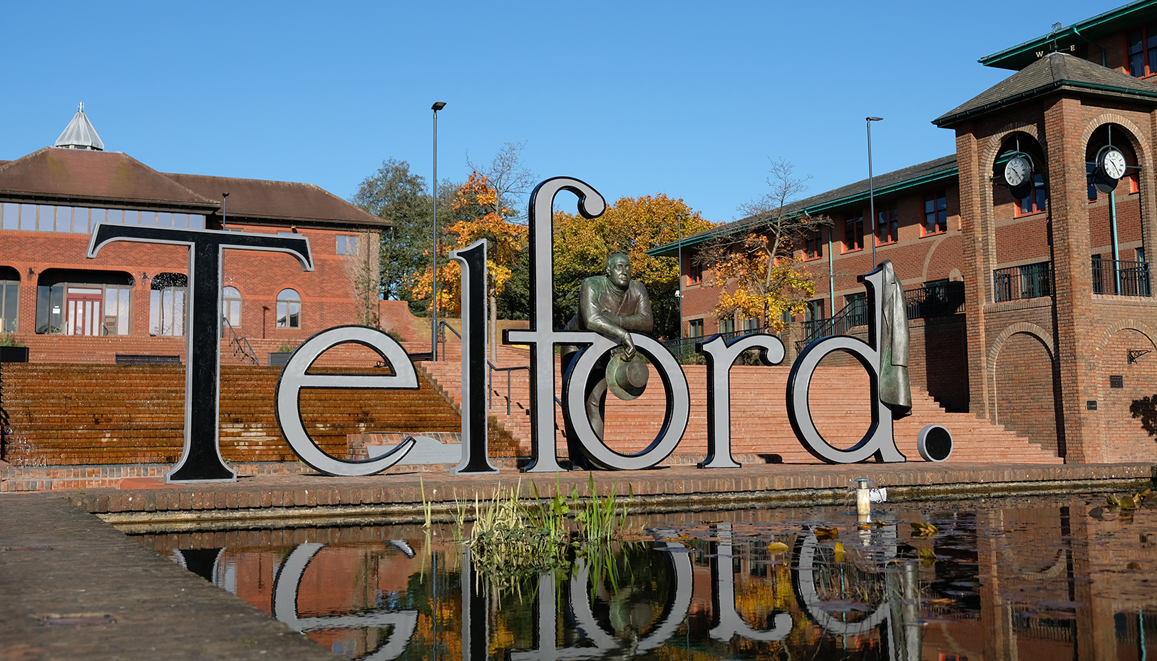 A photograph of the Telford sign and statue