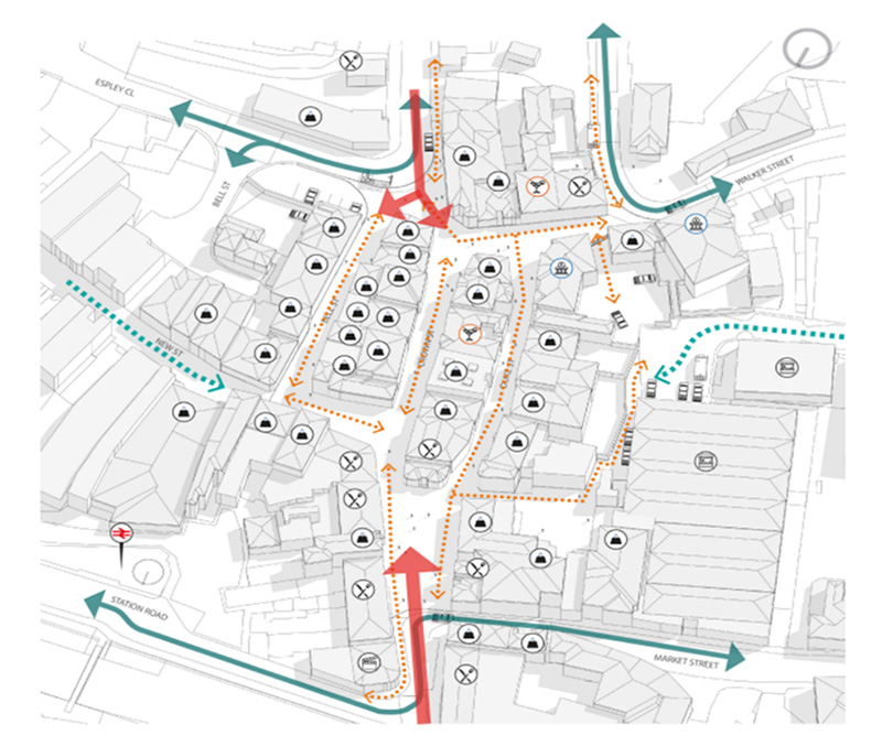 An illustration showing the proposed layout of shops and utilities in the masterplan.